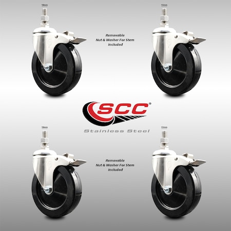 Service Caster 5 Inch 316SS Soft Rubber Swivel 10mm Threaded Stem Caster Set Lock Brake SCC SCC-SS316TSTTL20S514-SRS-M1015-4